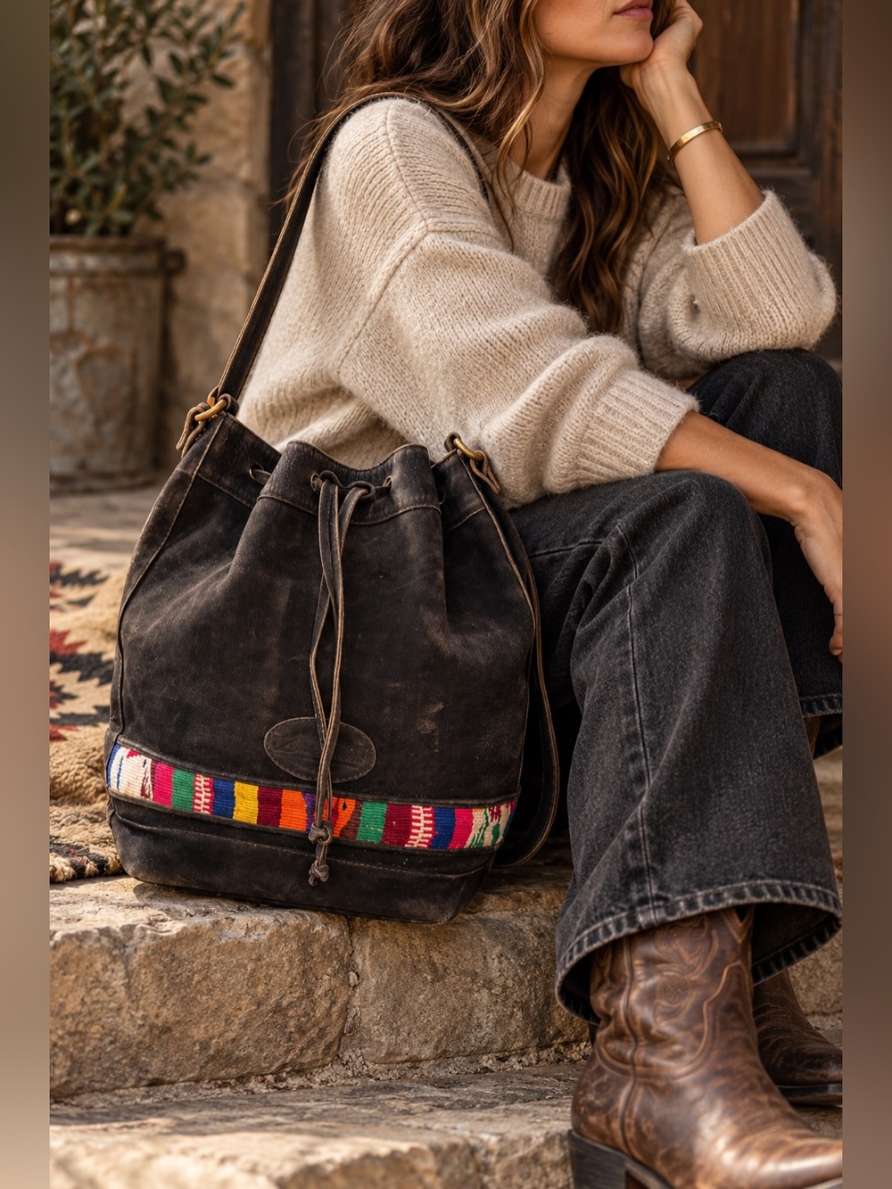 Vintage Leather Collection Black Leather Bucket Bag Woven Boho Shoulder Purse